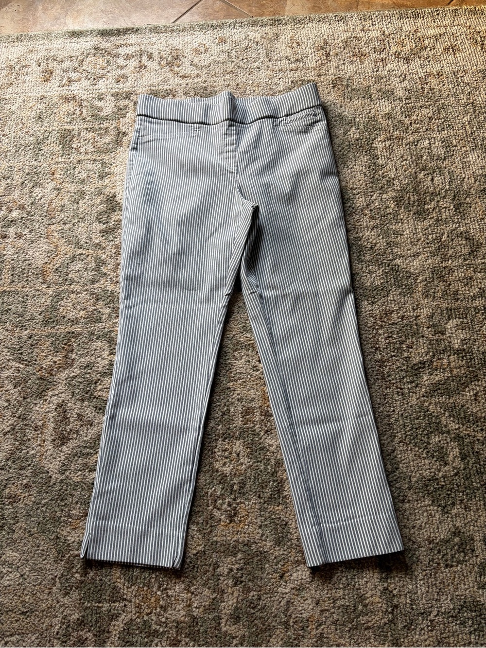 Anne Klein Navy and White Vertical Stripe Trousers | Size 8 |